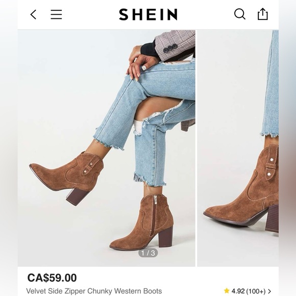 SHEIN Women’s Velvet Side Zipper Western Boots | Size 38 - Picture 8 of 8